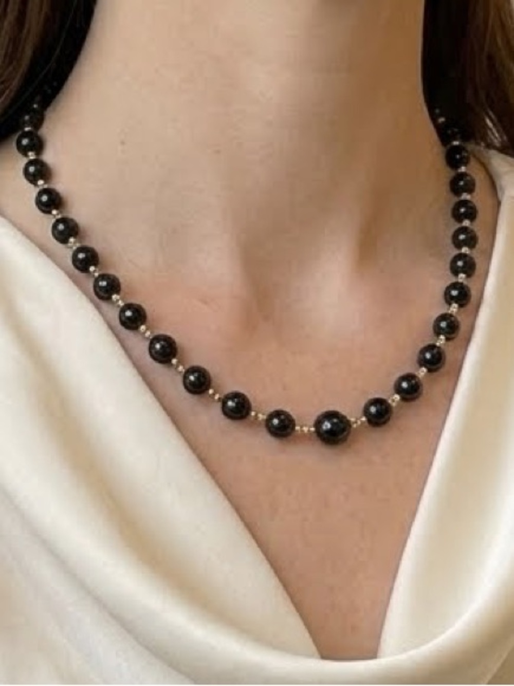 Vintage Japan Estate Beaded Matinee Necklace Black Goldtone 24” EUC event formal